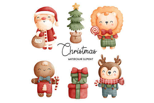 وکتور لایه باز بابانوئل کارتونی و گوزن و هدایا مخصوص کریسمس نقاشی شده با آبرنگ